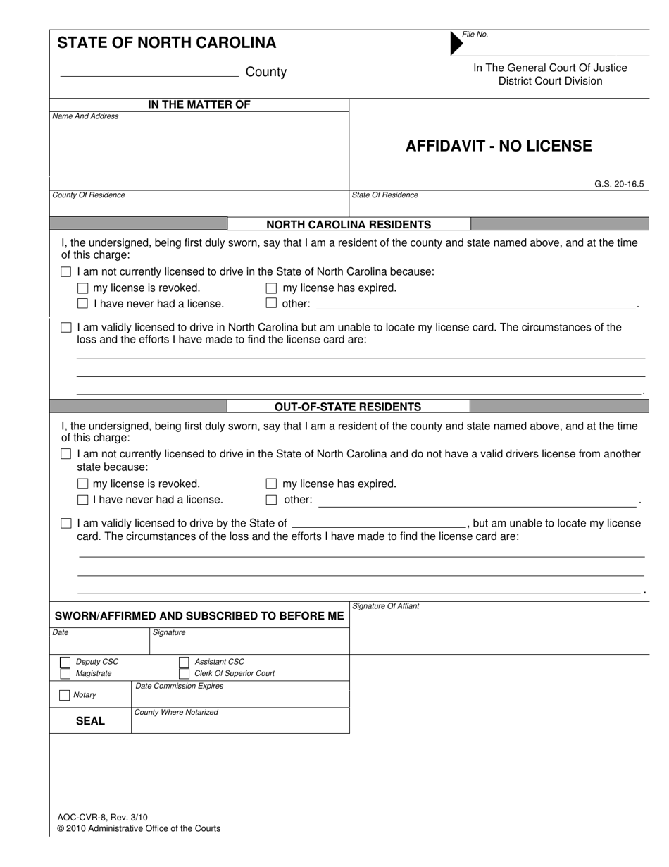 Form AOC-CVR-8 Affidavit - No License - North Carolina, Page 1
