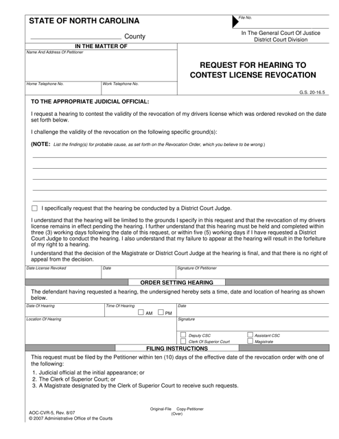 Form AOC-CVR-5 Request for Hearing to Contest License Revocation - North Carolina