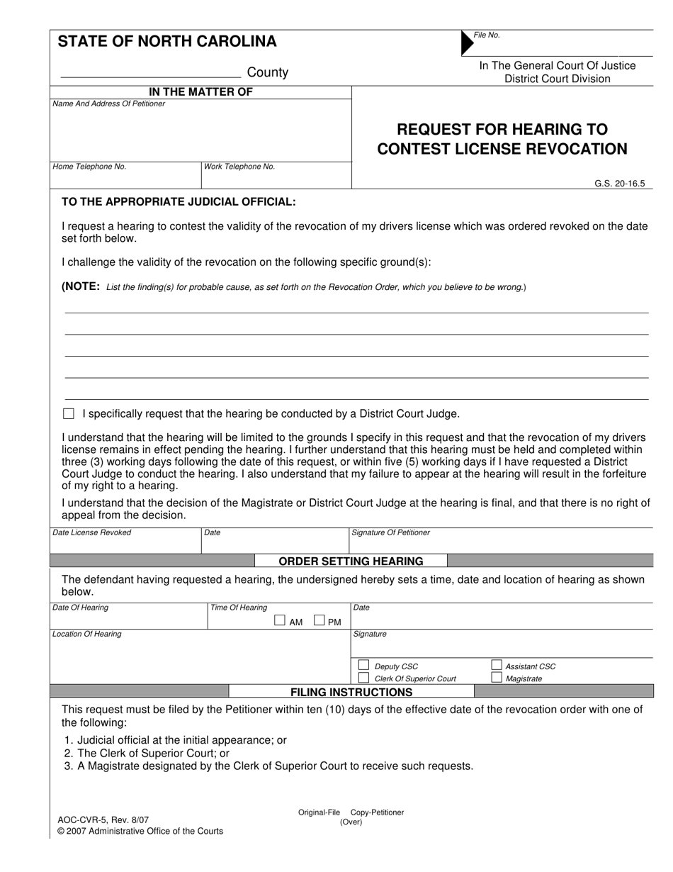 Form AOC-CVR-5 Request for Hearing to Contest License Revocation - North Carolina, Page 1