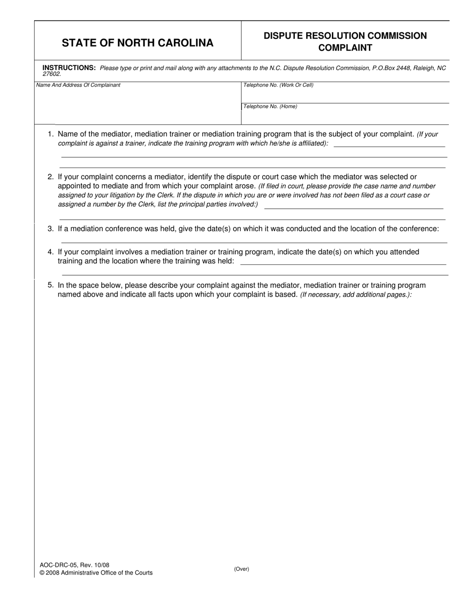 Form AOC-DRC-05 Dispute Resolution Commission Complaint - North Carolina, Page 1