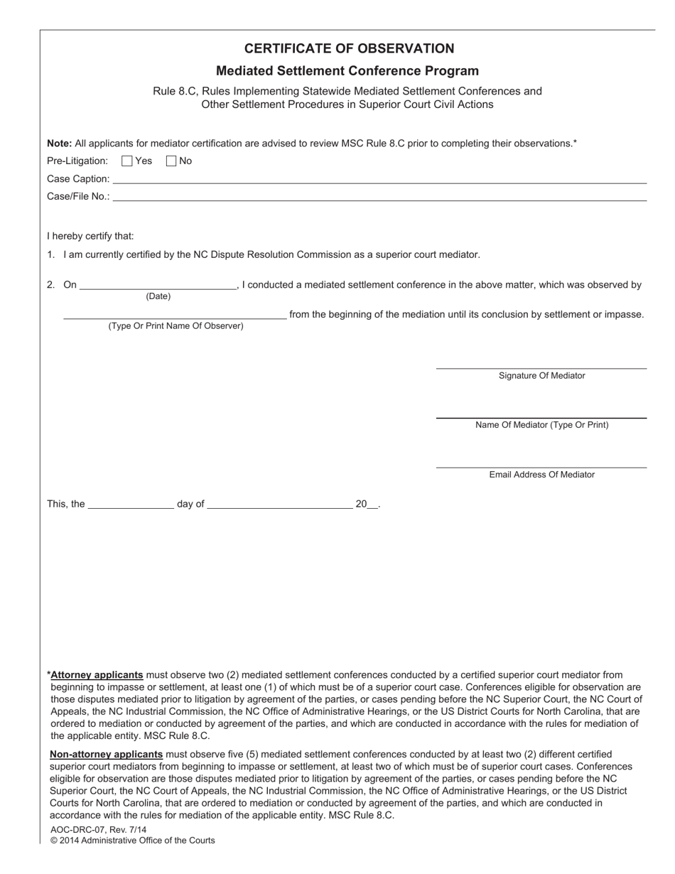 Form AOC-DRC-7 Certificate of Observation - Mediated Settlement Conference Program - North Carolina, Page 1