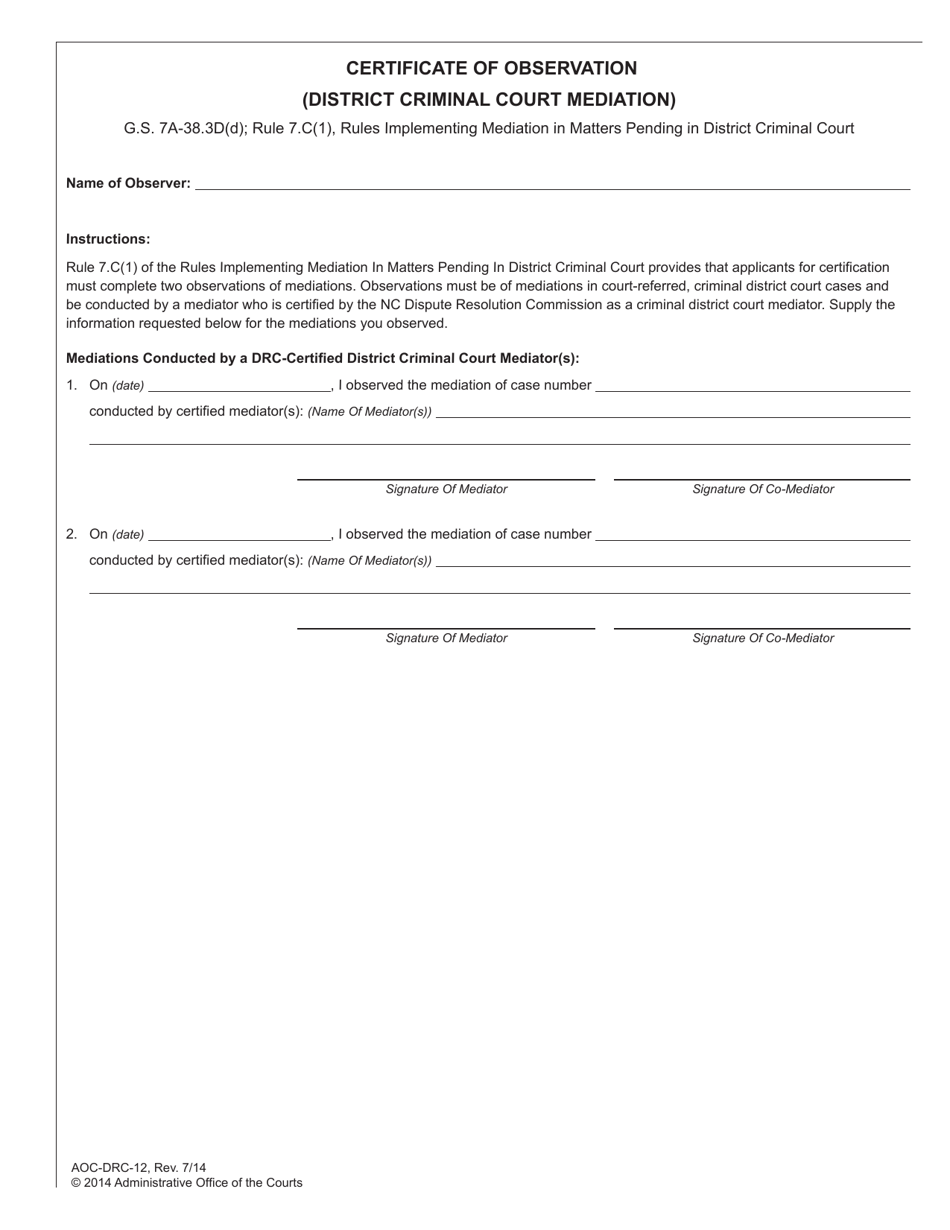Form AOC-DRC-12 Certificate of Observation (District Criminal Court Mediation) - North Carolina, Page 1