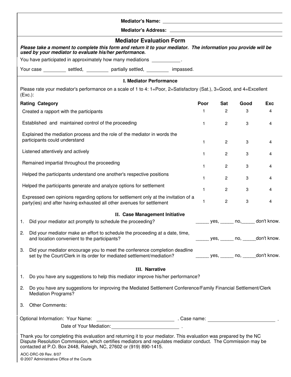 Form AOC-DRC-09 Mediator Evaluation Form - North Carolina, Page 1