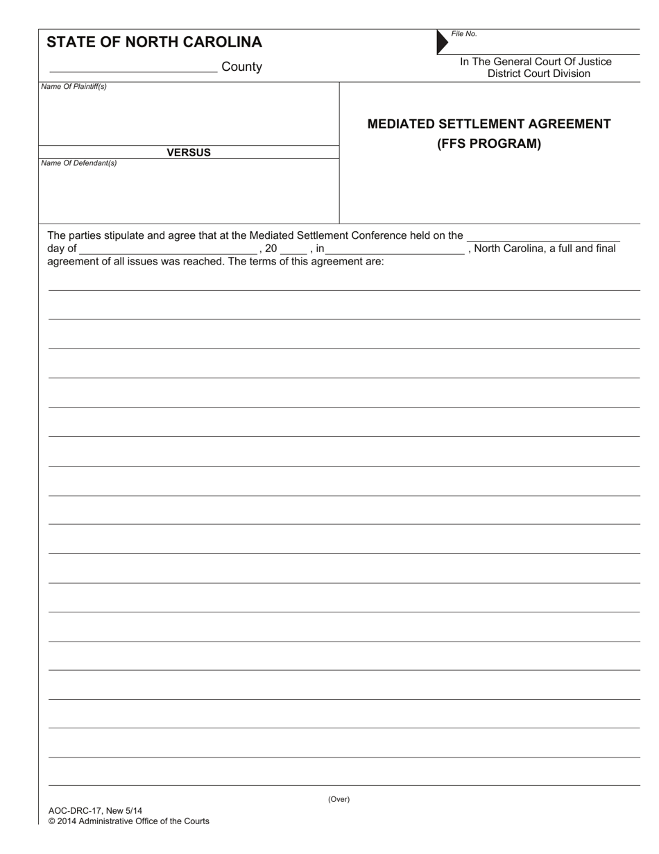 Form AOC-DRC-17 Mediated Settlement Agreement (Ffs Program) - North Carolina, Page 1