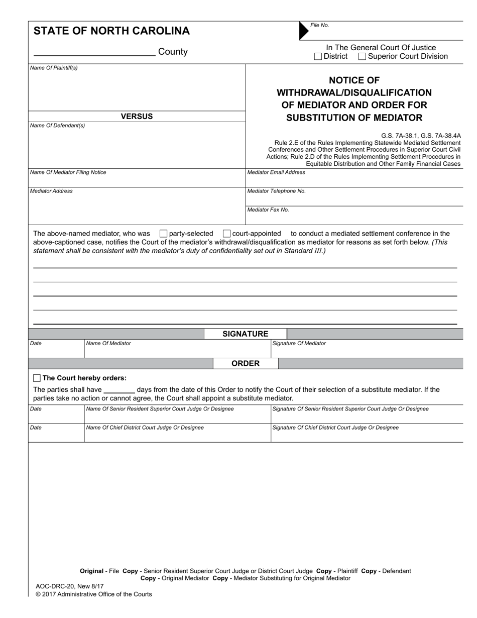 Form AOC-DRC-20 Notice of Withdrawal / Disqualification of Mediator and Order for Substitution of Mediator - North Carolina, Page 1