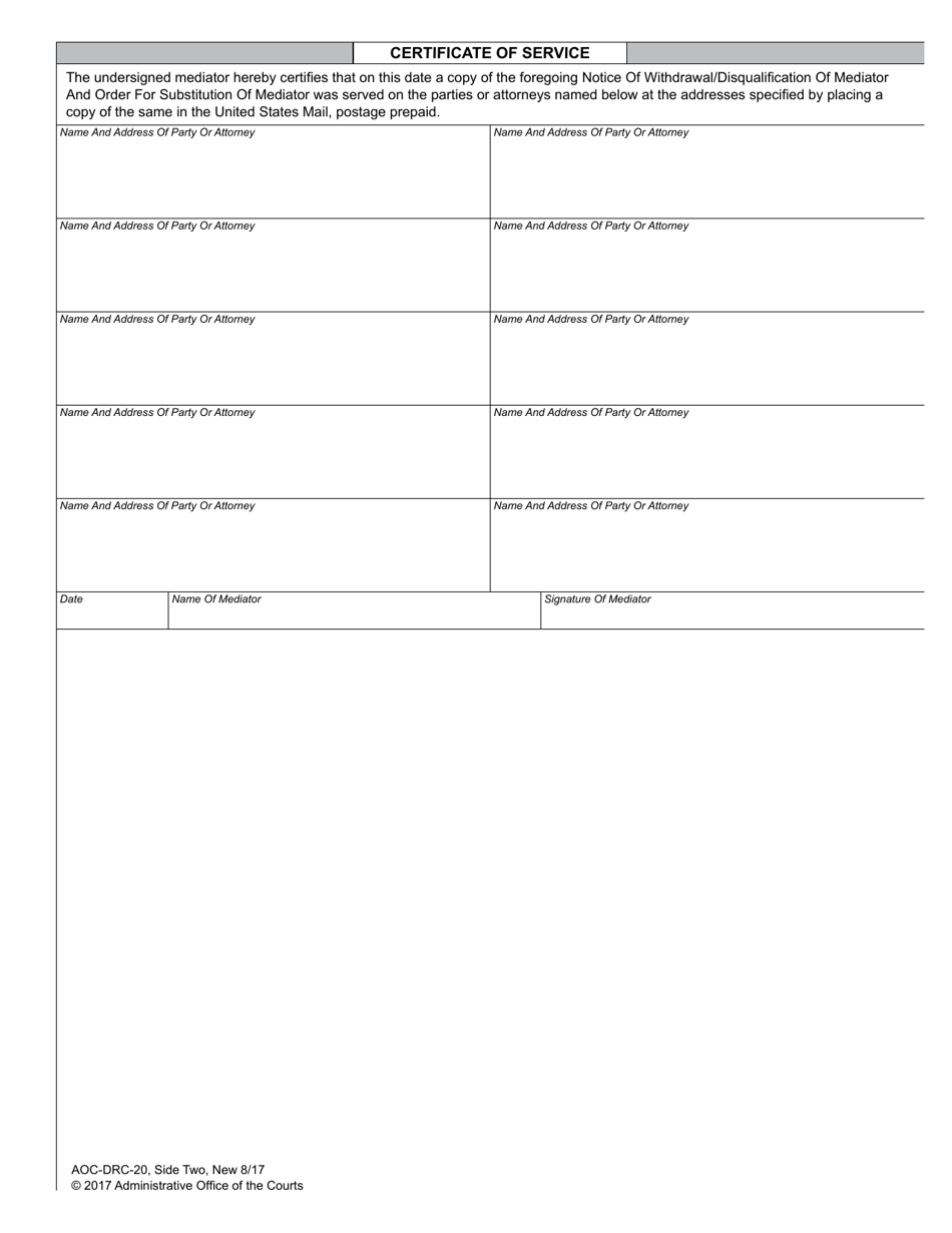 Form AOC-DRC-20 Notice of Withdrawal / Disqualification of Mediator and Order for Substitution of Mediator - North Carolina, Page 2