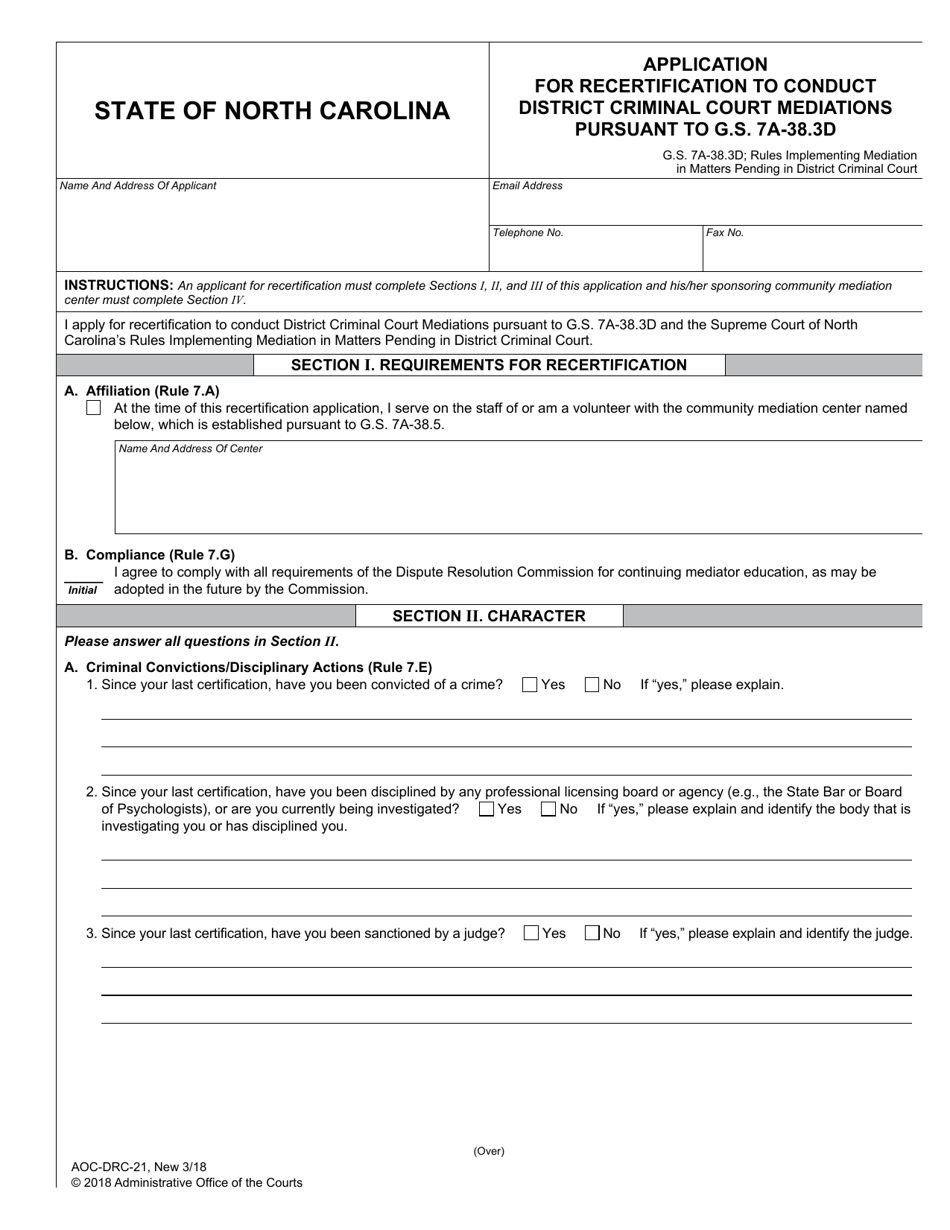Form AOC-DRC-21 Application for Recertification to Conduct District Criminal Court Mediations - North Carolina, Page 1