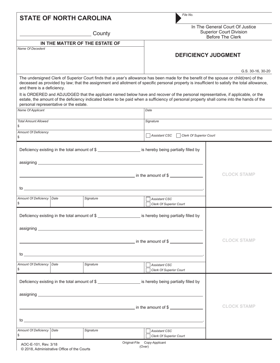 Form AOC-E-101 Deficiency Judgment - North Carolina, Page 1