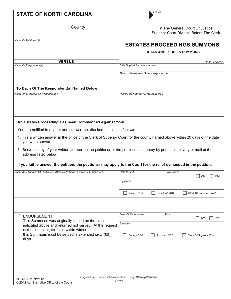 Form AOC-E-102 Estates Proceedings Summons - North Carolina, Page 1