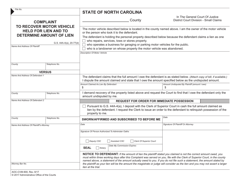 Form AOC-CVM-900 Complaint to Recover Motor Vehicle Held for Lien and to Determine Amount of Lien - North Carolina, Page 1