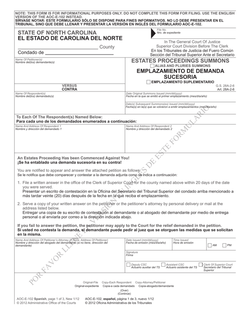 Form AOC-E-102 SPANISH Emplazamiento De Demanda Sucesoria - North Carolina (English/Spanish)