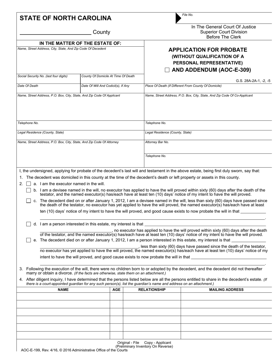 Form AOC-E-199 Application for Probate (Without Qualification of a Personal Representative) - North Carolina, Page 1