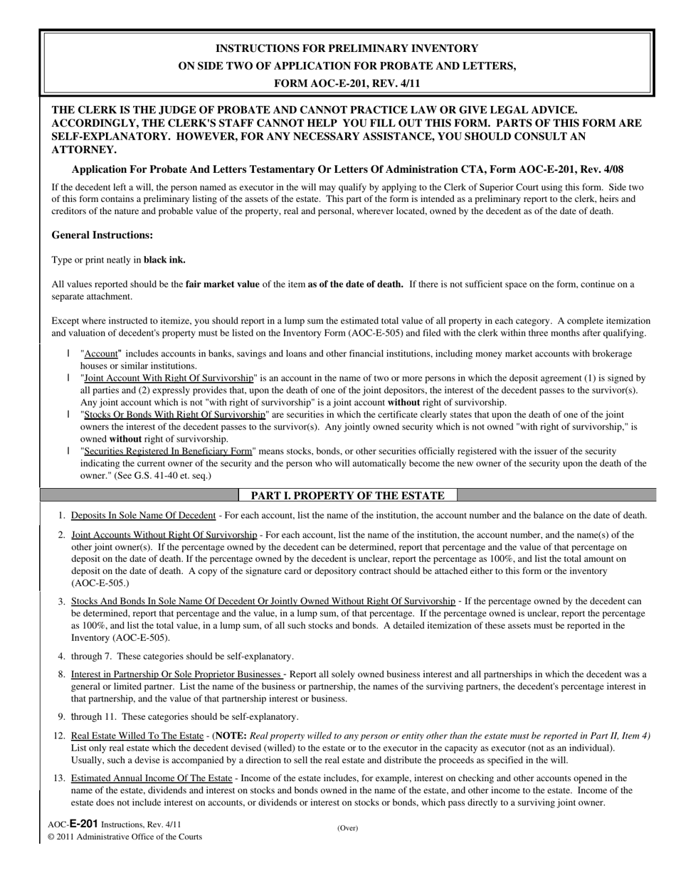 Instructions for Form AOC-E-201 Preliminary Inventory on Side Two of Application for Probate and Letters - North Carolina, Page 1