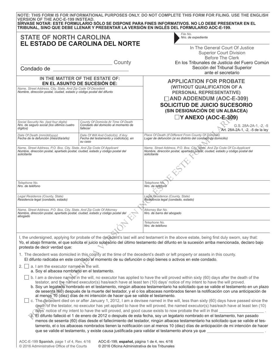 Form AOC-E-199 SPANISH Solicitud De Juicio Sucesorio (Sin Designacion De Un Albacea) - North Carolina (English/Spanish), Page 1