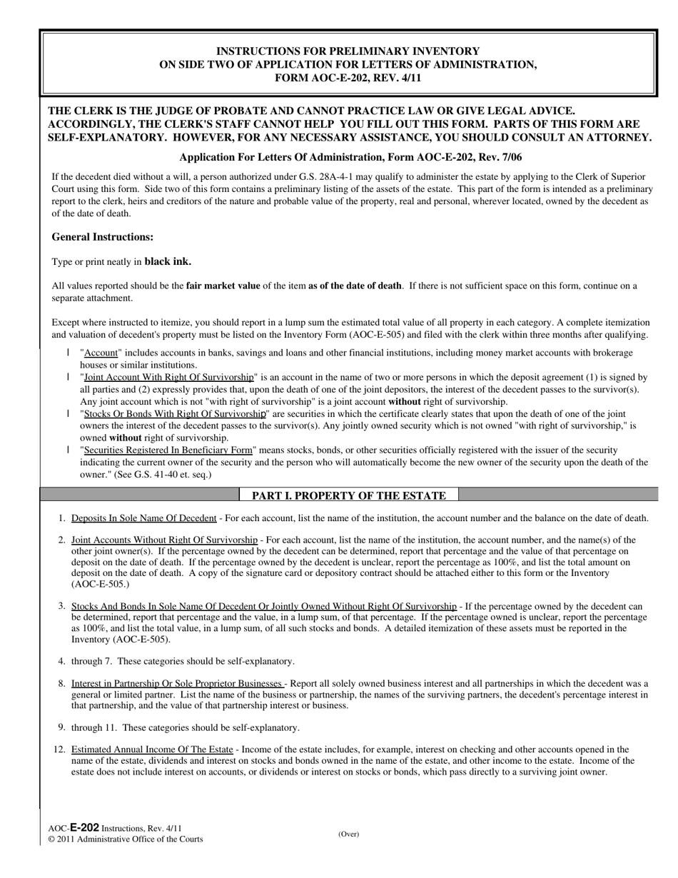 Instructions for Form AOC-E-202 Preliminary Inventory on Side Two of Application for Letters of Administration - North Carolina, Page 1