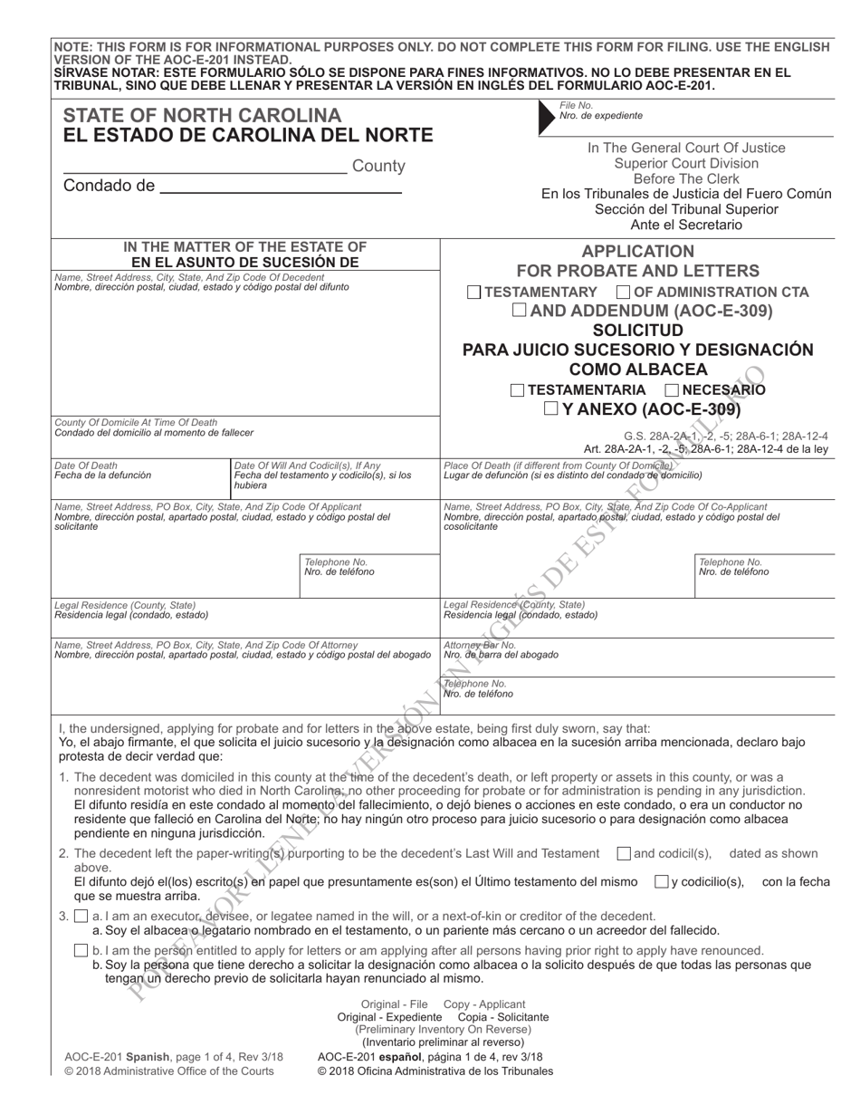 Form AOC-E-201 SPANISH Application for Probate and Letters Testamentary/Of Administration Cta - North Carolina (English/Spanish), Page 1