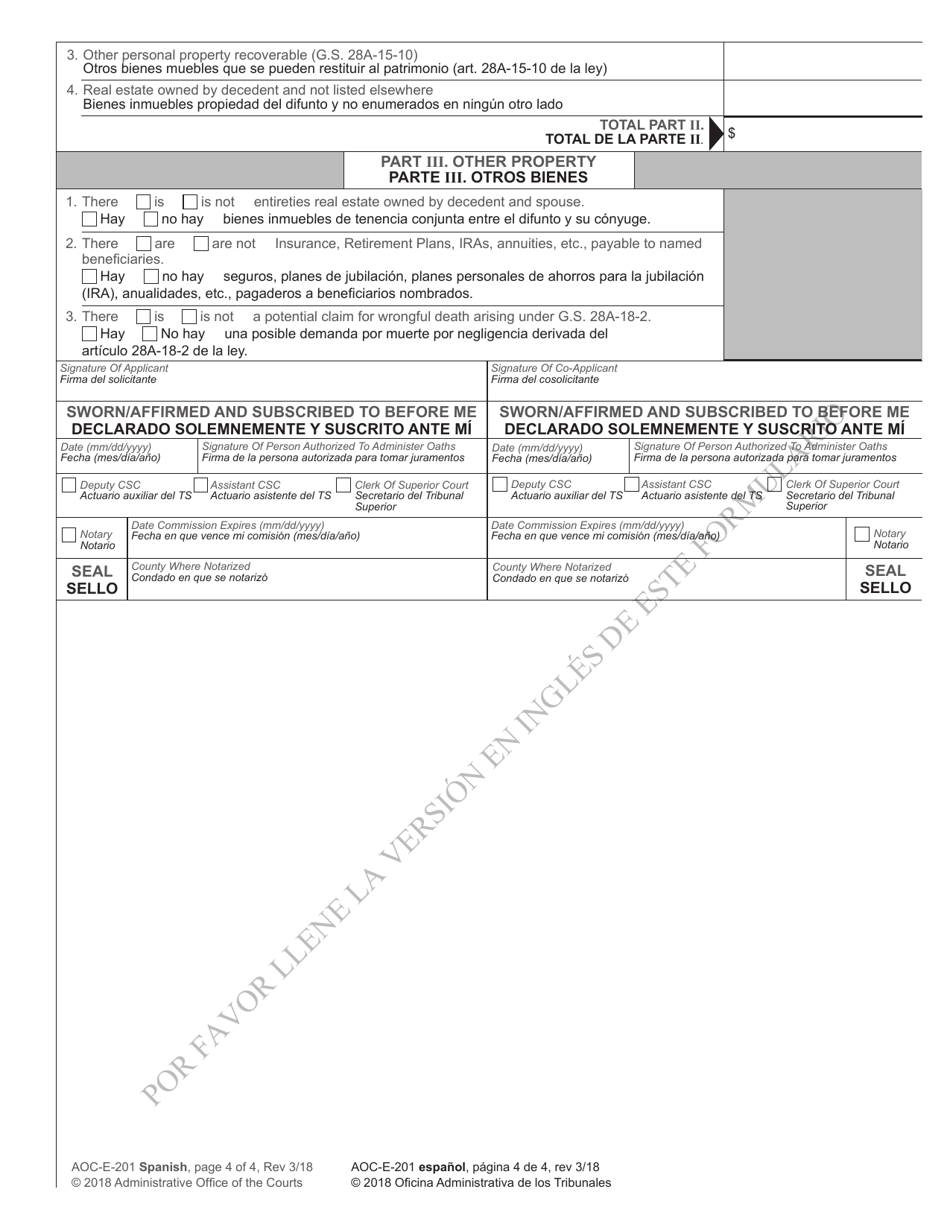 Form AOC-E-201 SPANISH Application for Probate and Letters Testamentary / Of Administration Cta - North Carolina (English / Spanish), Page 4