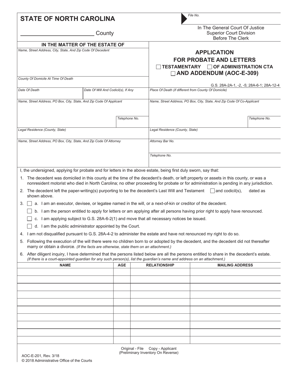 Form AOC-E-201 Application for Probate and Letters Testamentary / Of Administration Cta - North Carolina, Page 1