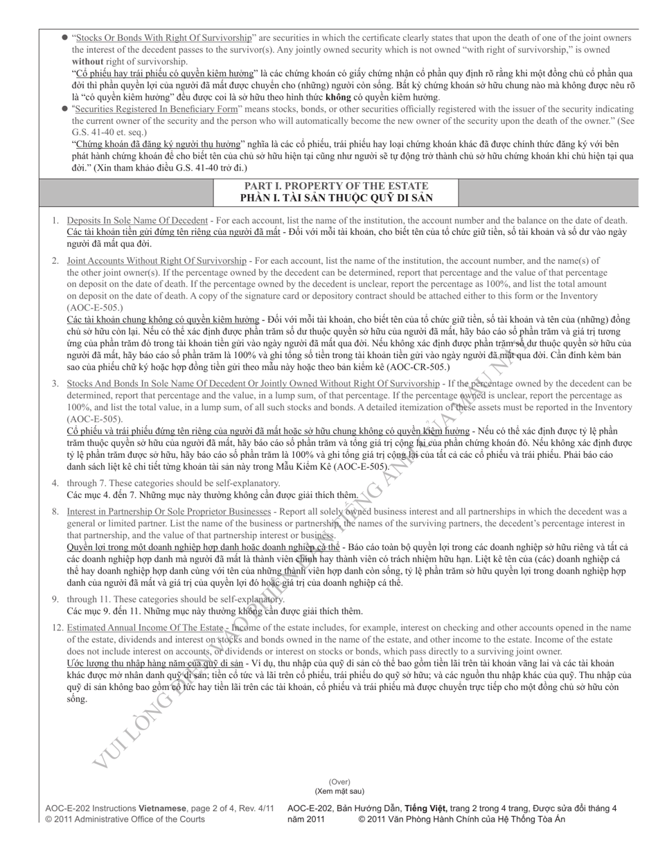 Instructions for Form AOC-E-202 VIETNAMESE, AOC-E-202 Preliminary Inventory on Side Two of Application for Letters of Administration - North Carolina (English / Vietnamese), Page 2