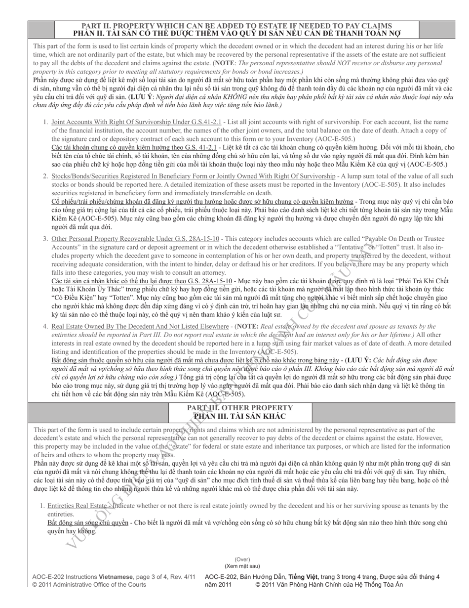 Instructions for Form AOC-E-202 VIETNAMESE, AOC-E-202 Preliminary Inventory on Side Two of Application for Letters of Administration - North Carolina (English / Vietnamese), Page 3