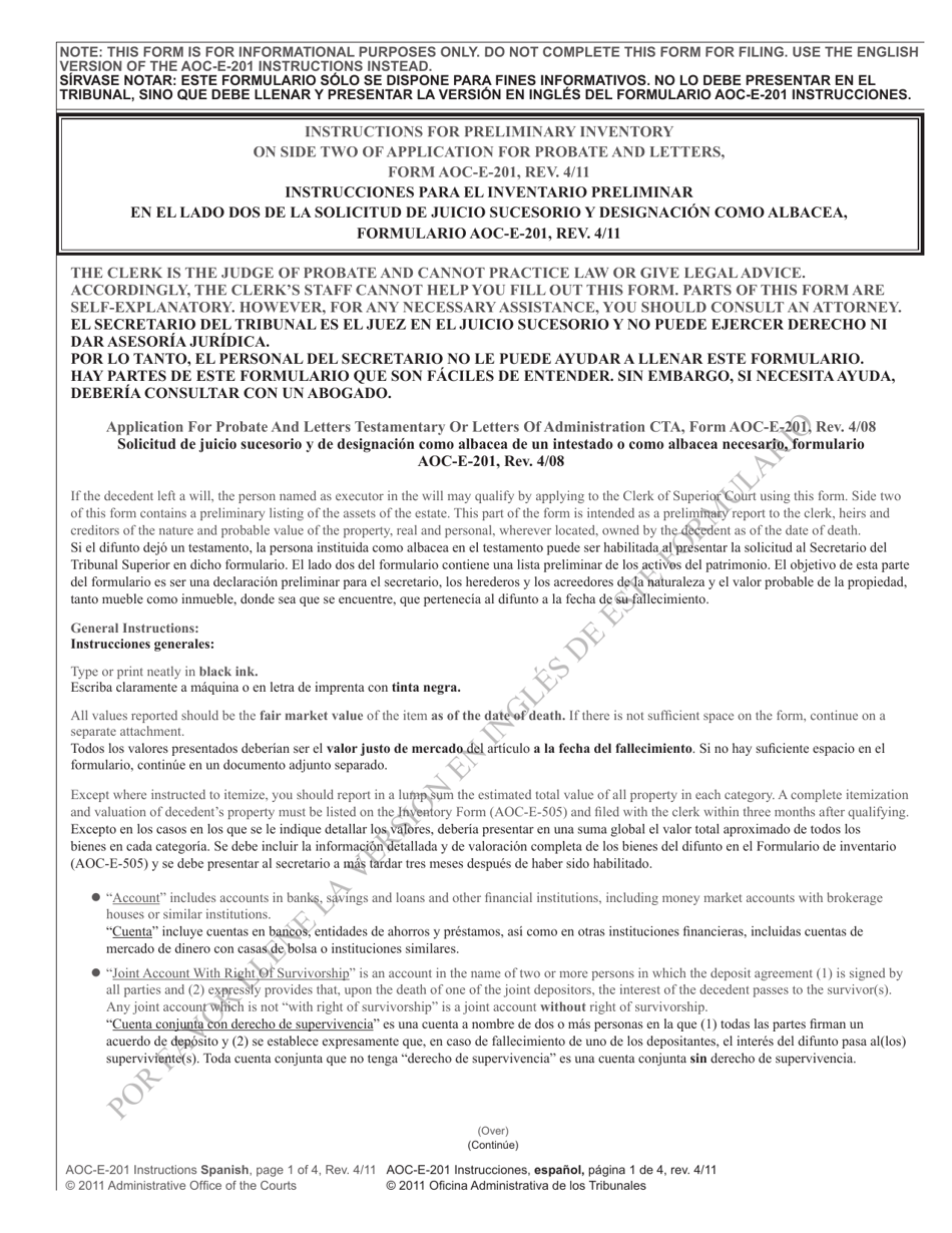 Instructions for Form AOC-E-201 Preliminary Inventory on Side Two of Application for Probate and Letters - North Carolina (English / Spanish), Page 1
