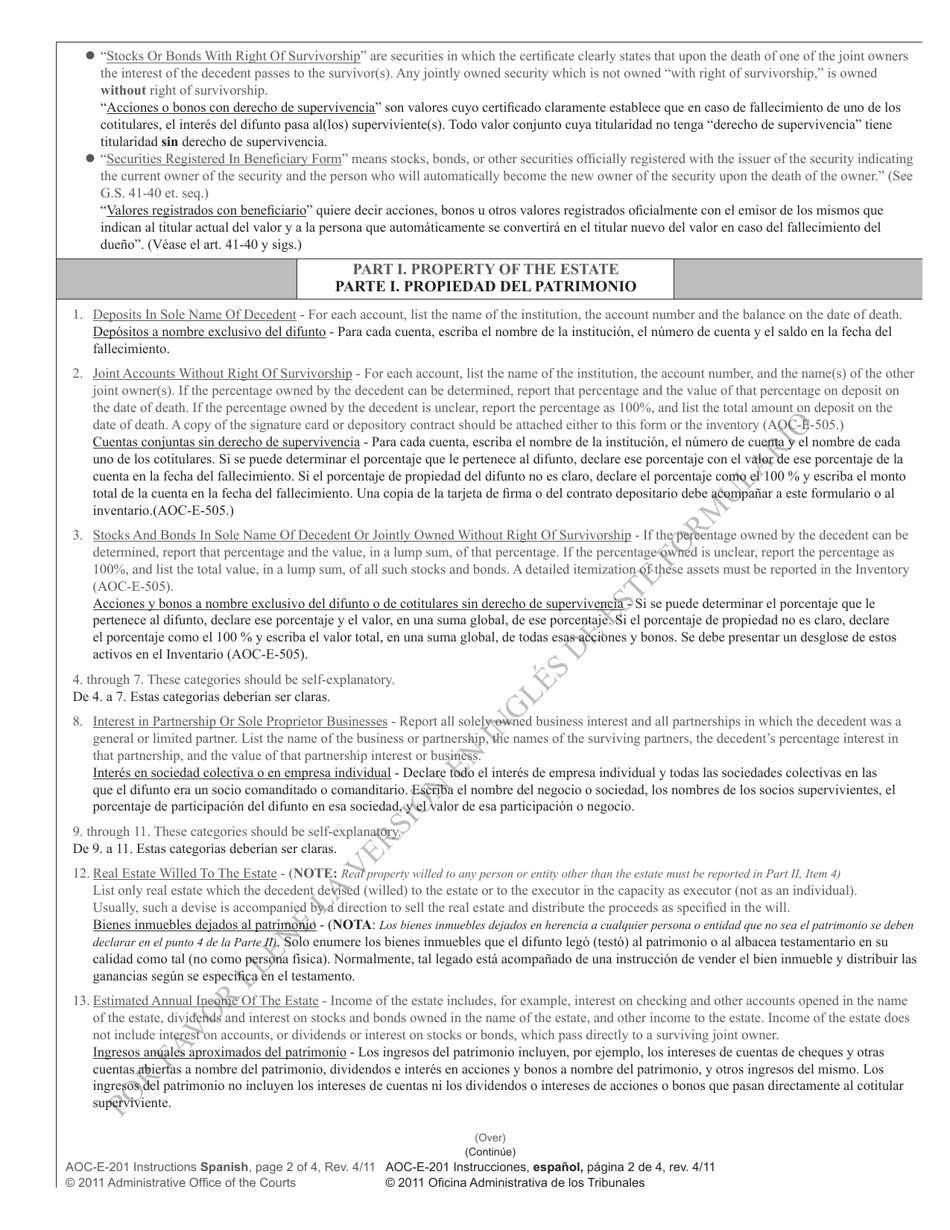 Instructions for Form AOC-E-201 Preliminary Inventory on Side Two of Application for Probate and Letters - North Carolina (English / Spanish), Page 2