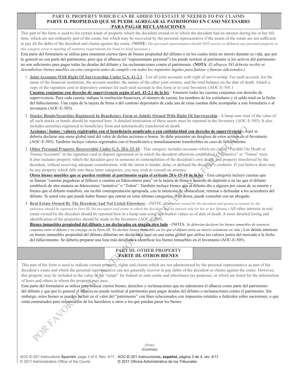 Instructions for Form AOC-E-201 Preliminary Inventory on Side Two of Application for Probate and Letters - North Carolina (English / Spanish), Page 3