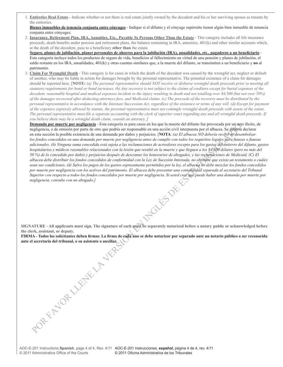 Instructions for Form AOC-E-201 Preliminary Inventory on Side Two of Application for Probate and Letters - North Carolina (English / Spanish), Page 4