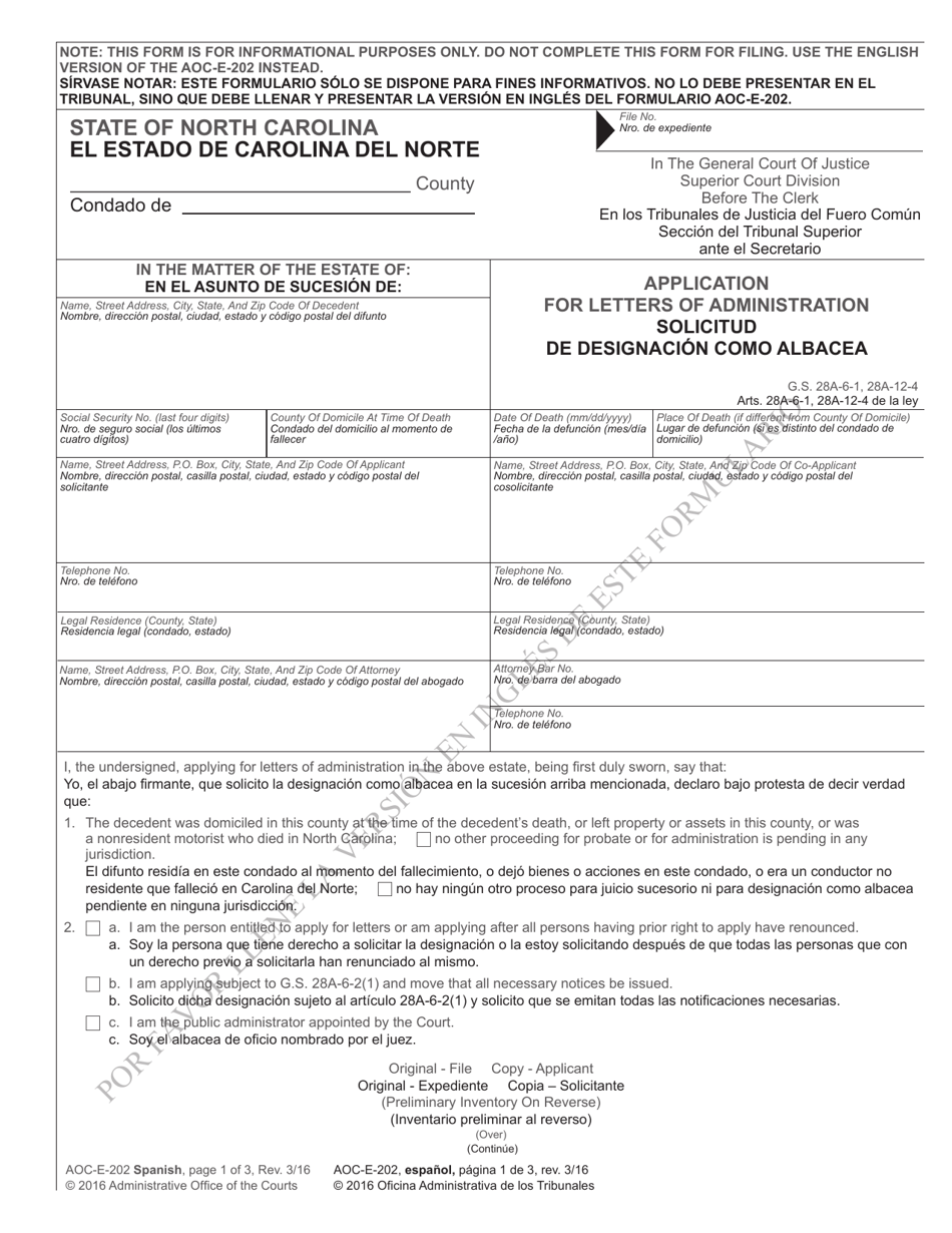 Form AOC-E-202 SPANISH Application for Letters of Administration - North Carolina (English / Spanish), Page 1