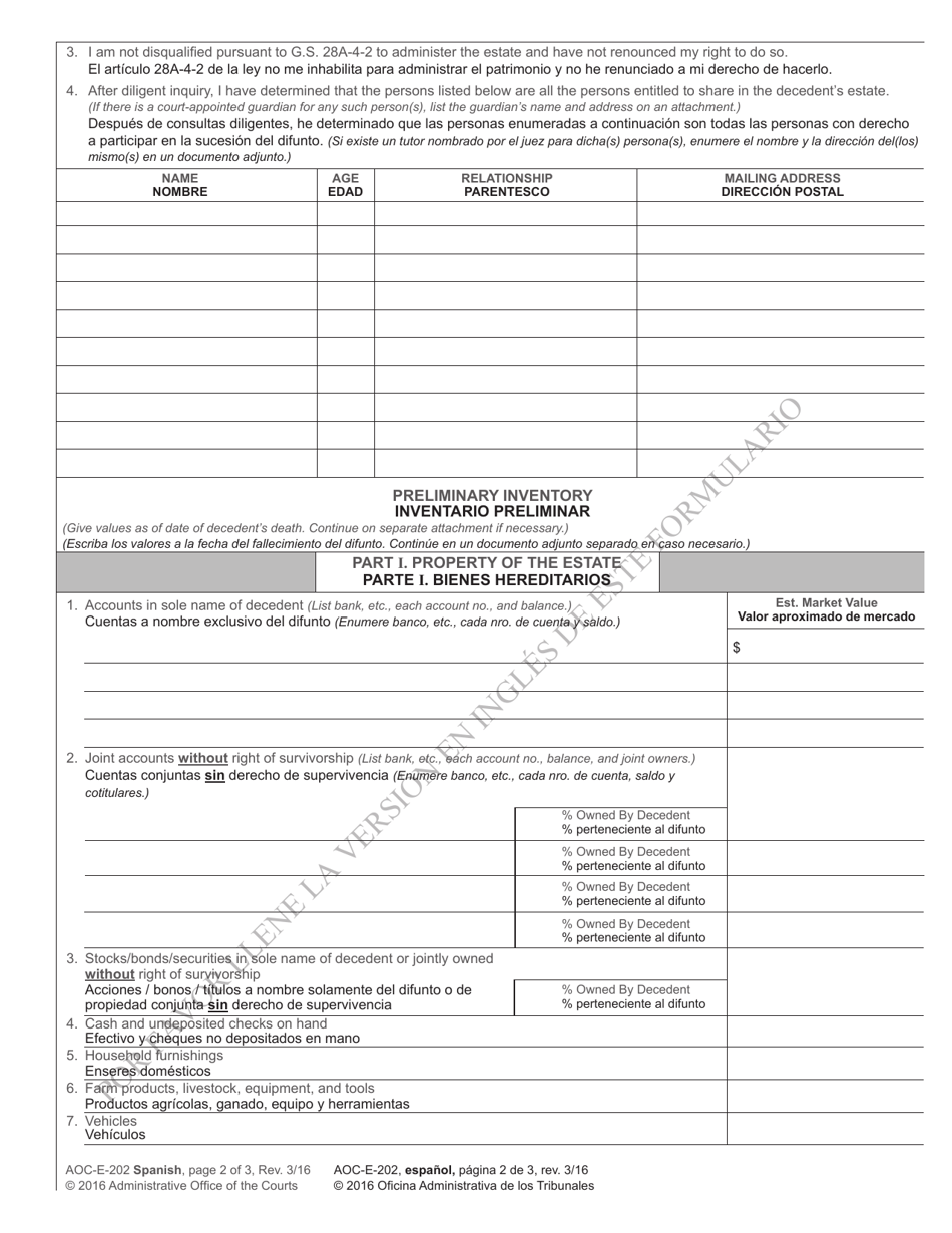 Form AOC-E-202 SPANISH Application for Letters of Administration - North Carolina (English / Spanish), Page 2