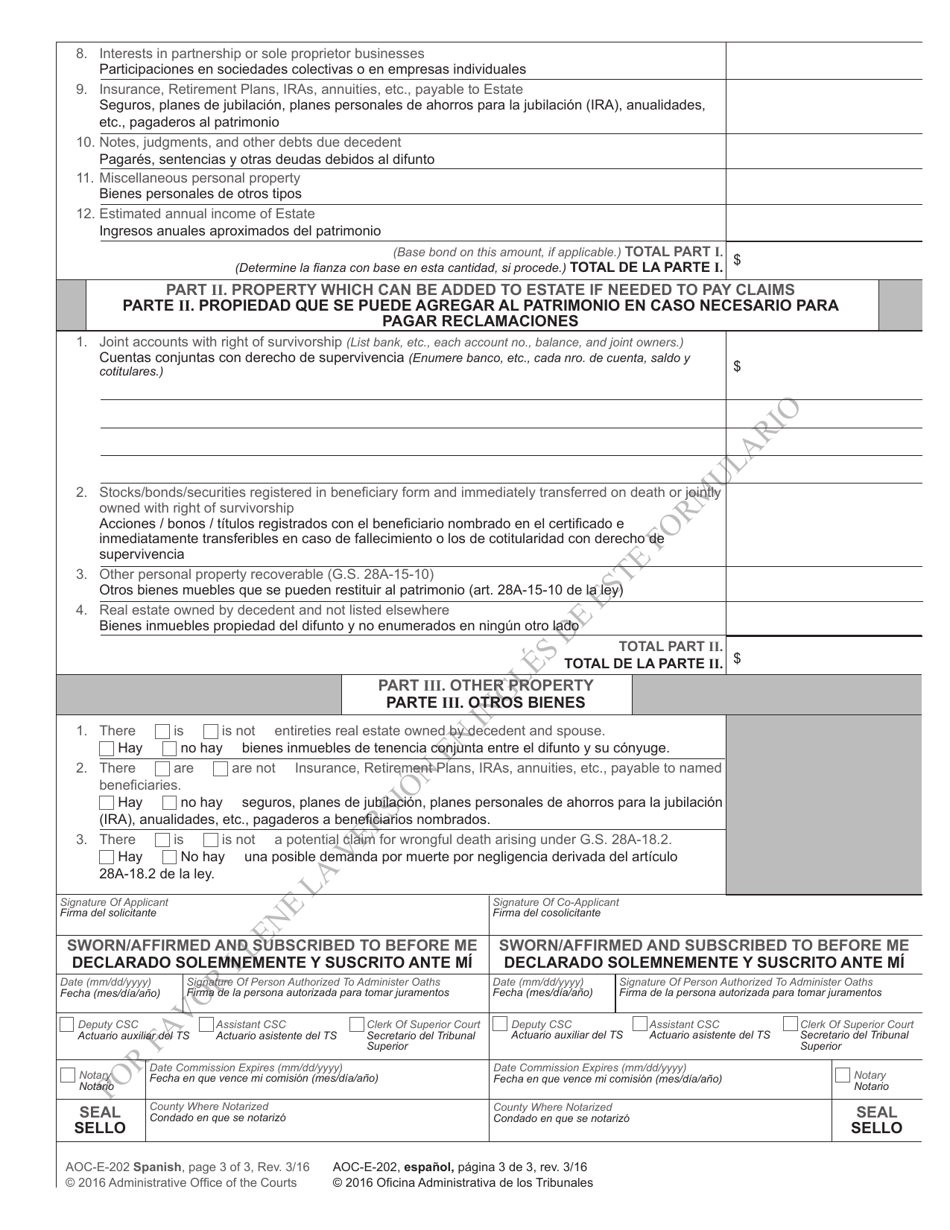 Form AOC-E-202 SPANISH - Fill Out, Sign Online and Download Printable PDF, North Carolina 