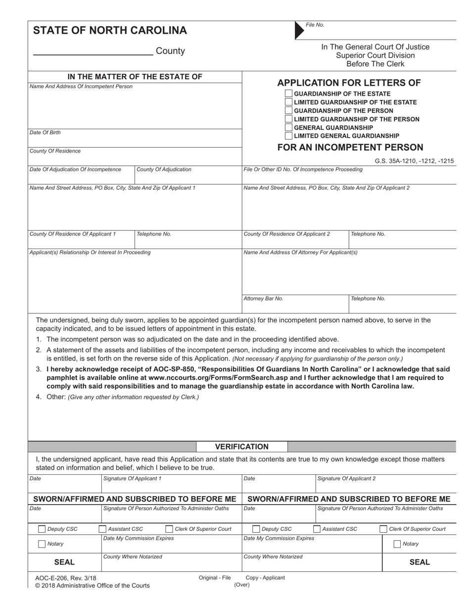 Form AOC-E-206 Application for Letters of Guardianship for an Incompetent Person - North Carolina, Page 1