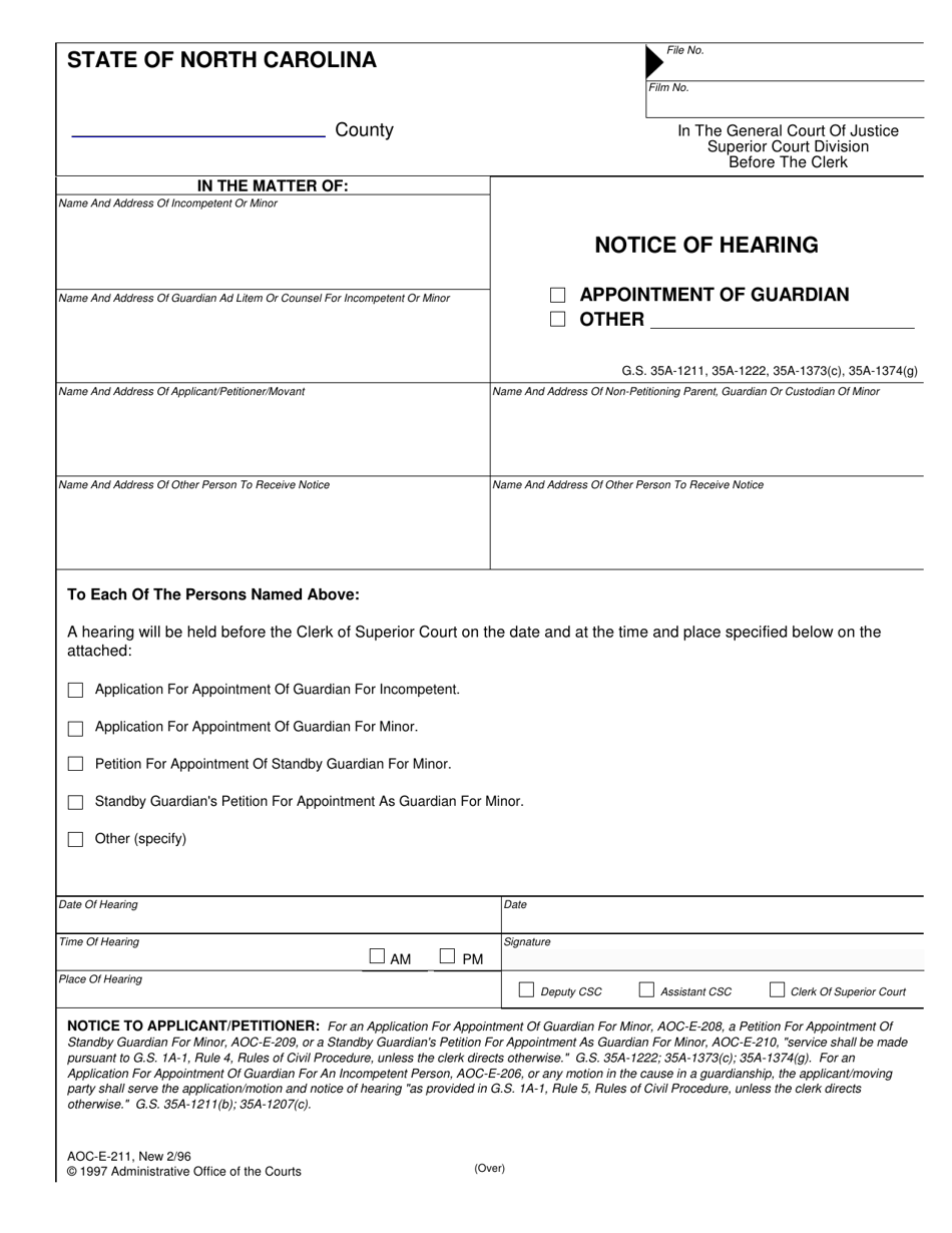 Form AOC-E-211 Notice of Hearing for Appointment of Guardian or Other - North Carolina, Page 1