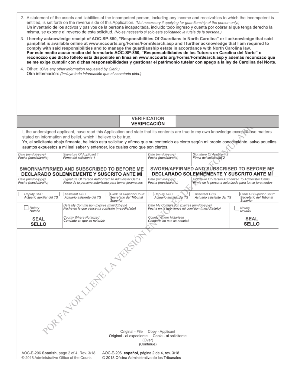 Form AOC-E-206 SPANISH Soliciitud De Designacion Para Una Persona Sin Capacidad Legal - North Carolina (English / Spanish), Page 2