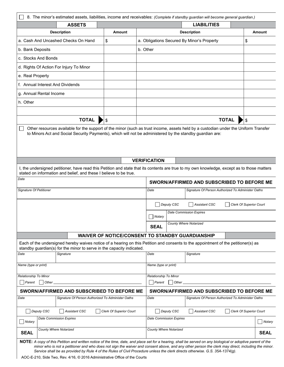 Form AOC-E-210 Standby Guardians Petition for Appointment as Guardian of the Person or General Guardian for Minor - North Carolina, Page 2