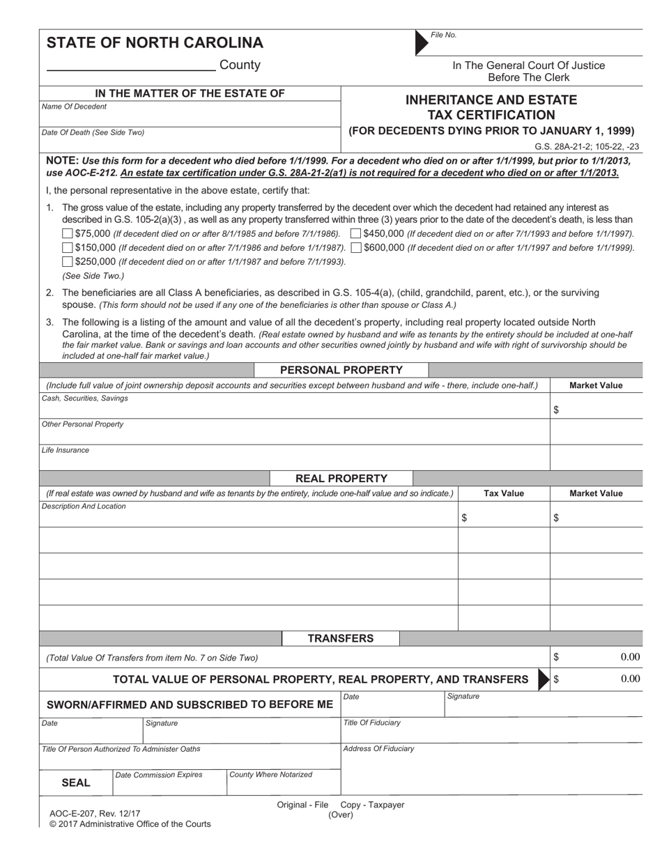 Form AOC-E-207 Inheritance and Estate Tax Certification (For Decedents Dying Prior to January 1, 1999) - North Carolina, Page 1