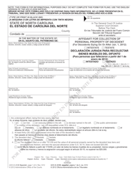 Document preview: Form AOC-E-203B SPANISH Affidavit for Collection of Personal Property of Decedent (For Decedents Dying on or After Jan. 1, 2012) - North Carolina (English/Spanish)