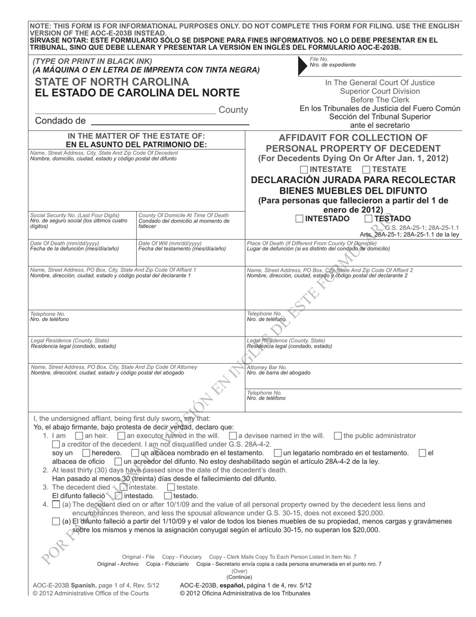 Form AOC-E-203B SPANISH Affidavit for Collection of Personal Property of Decedent (For Decedents Dying on or After Jan. 1, 2012) - North Carolina (English / Spanish), Page 1