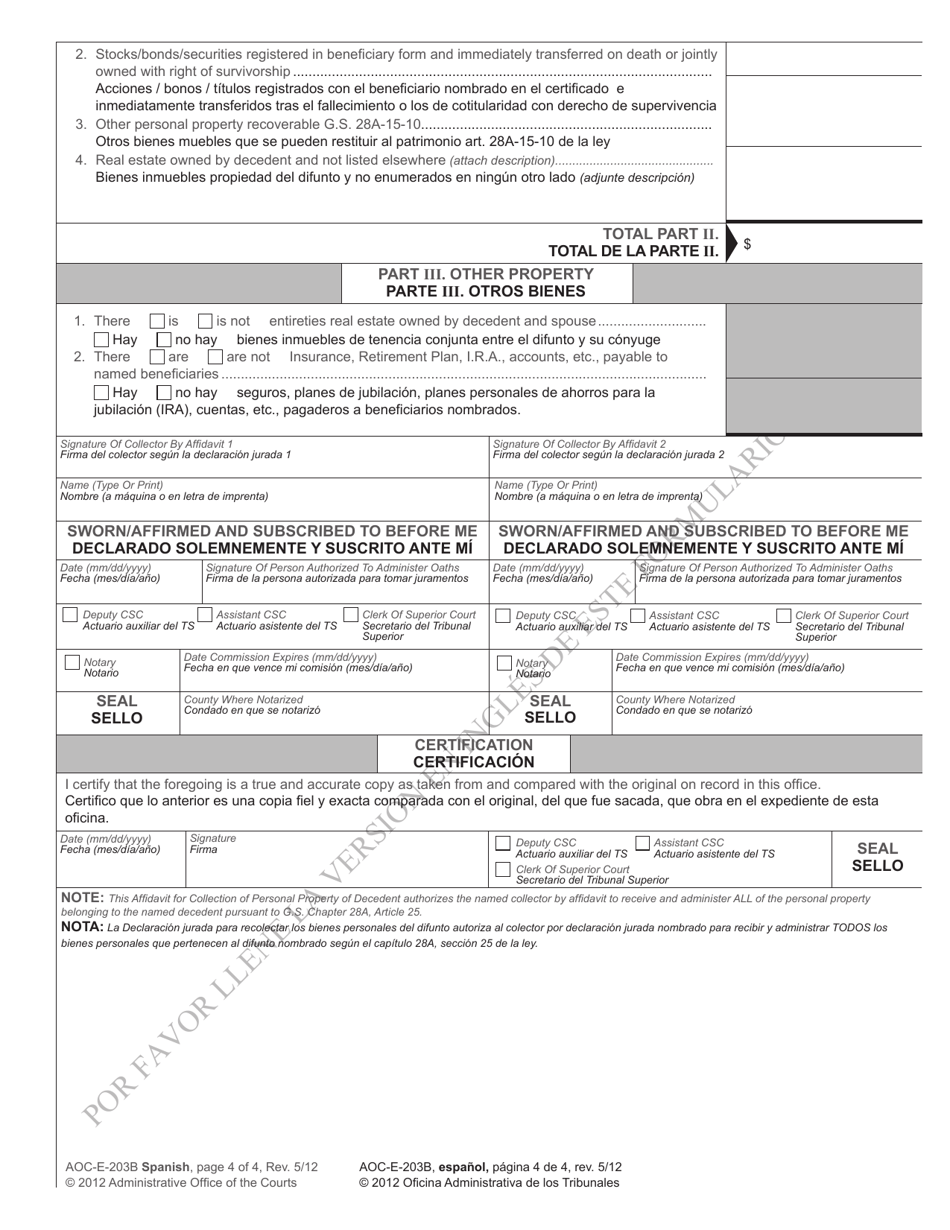 Form AOC-E-203B SPANISH Affidavit for Collection of Personal Property of Decedent (For Decedents Dying on or After Jan. 1, 2012) - North Carolina (English / Spanish), Page 4
