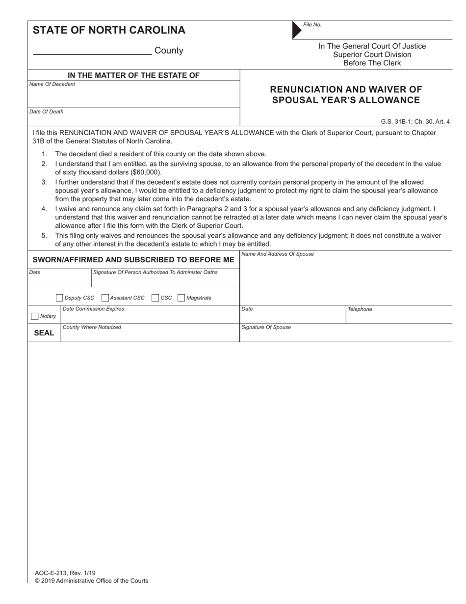 Form AOC-E-213 Renunciation and Waiver of Spousal Years Allowance - North Carolina, Page 1