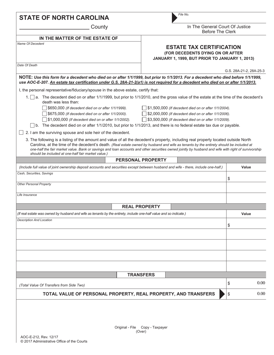 Form AOC-E-212 Estate Tax Certification (For Decedents Dying on or After January 1, 1999, but Prior to January 1, 2013) - North Carolina, Page 1