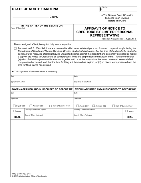 Form AOC-E-308 Affidavit of Notice to Creditors by Limited Personal Representative - North Carolina