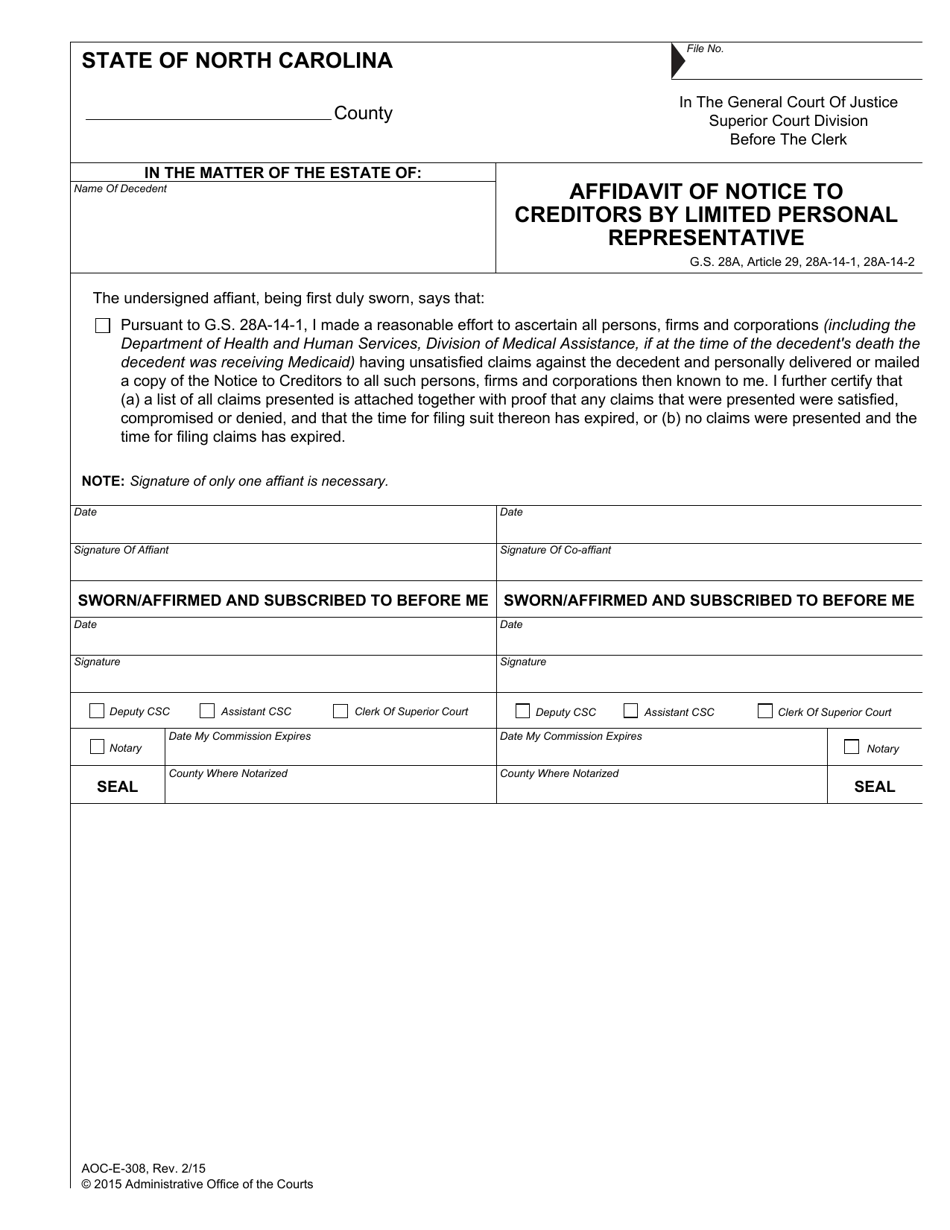 Form AOC-E-308 Affidavit of Notice to Creditors by Limited Personal Representative - North Carolina, Page 1