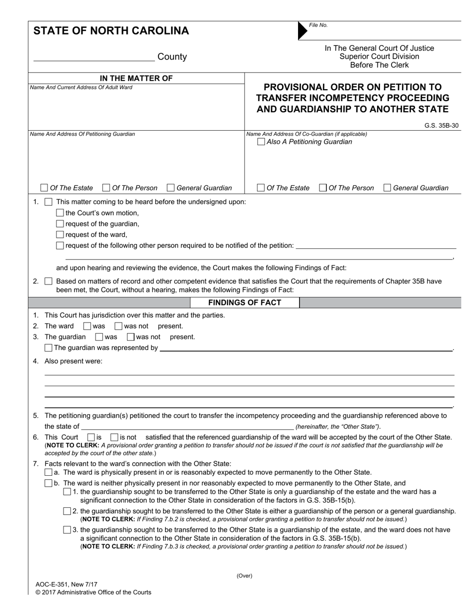Form AOC-E-351 Provisional Order on Petition to Transfer Incompetency Proceeding and Guardianship to Another State - North Carolina, Page 1
