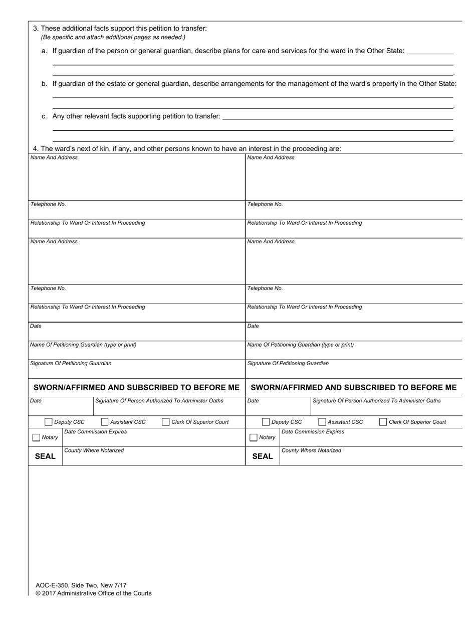 Form AOC-E-350 Petition to Transfer Incompetency Proceeding and Guardianship to Another State - North Carolina, Page 2