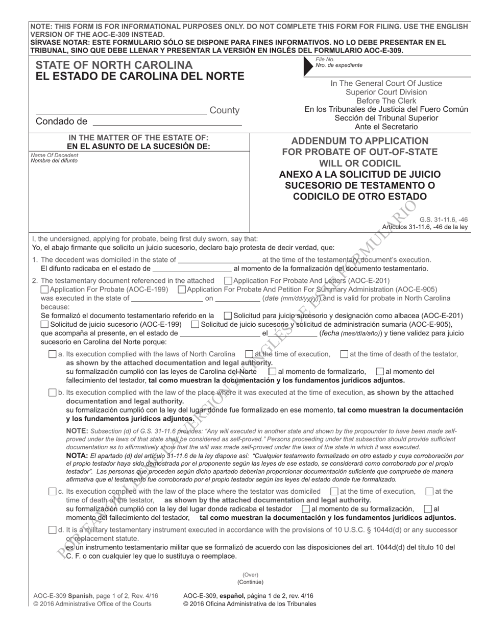 Form AOC-E-309 SPANISH Anexo a La Solicitud De Juicio Sucesorio De Testamento O Codicilo De Otro Estado - North Carolina, Page 1