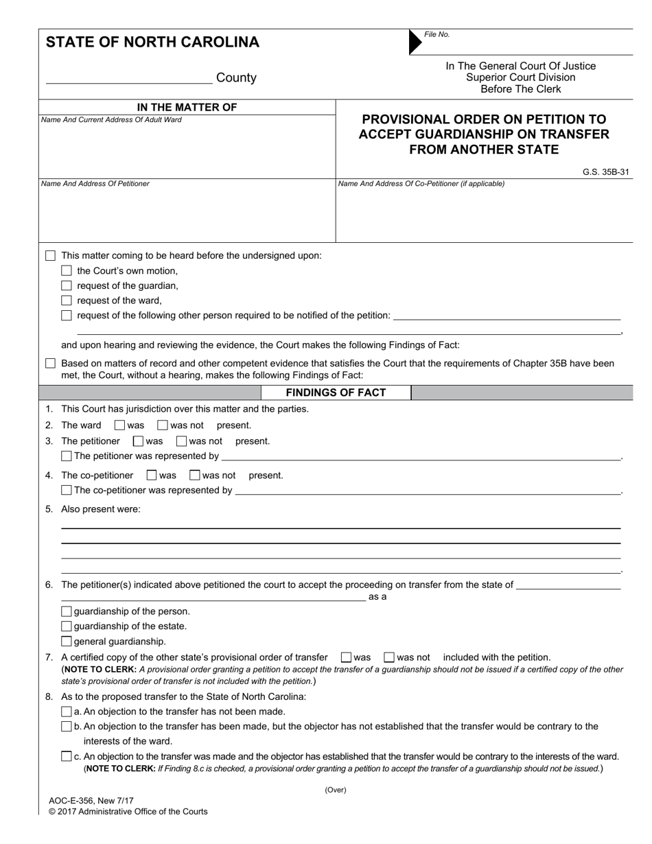 Form AOC-E-356 Provisional Order on Petition to Accept Guardianship on Transfer From Another State - North Carolina, Page 1