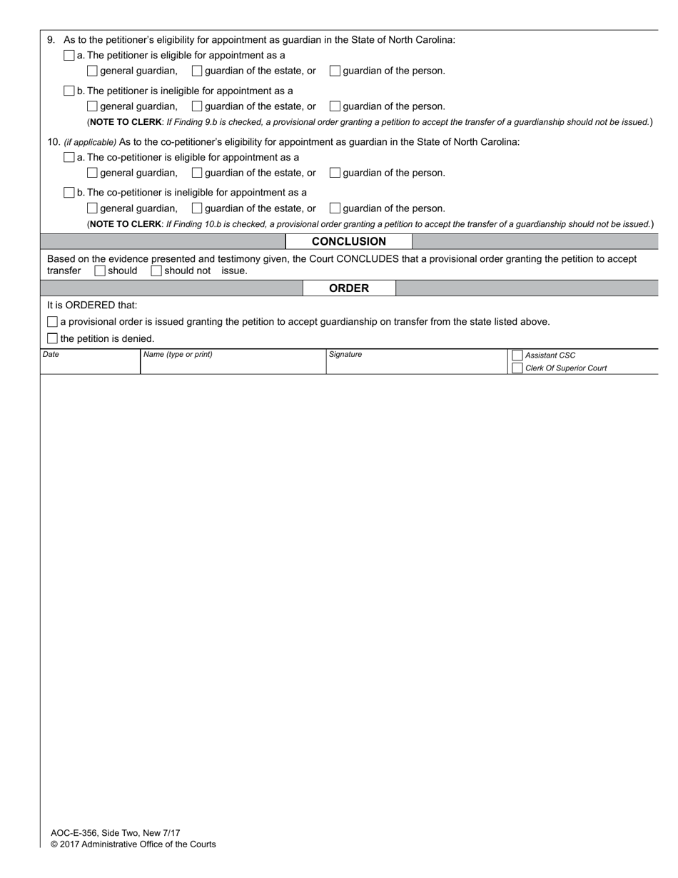 Form AOC-E-356 Provisional Order on Petition to Accept Guardianship on Transfer From Another State - North Carolina, Page 2