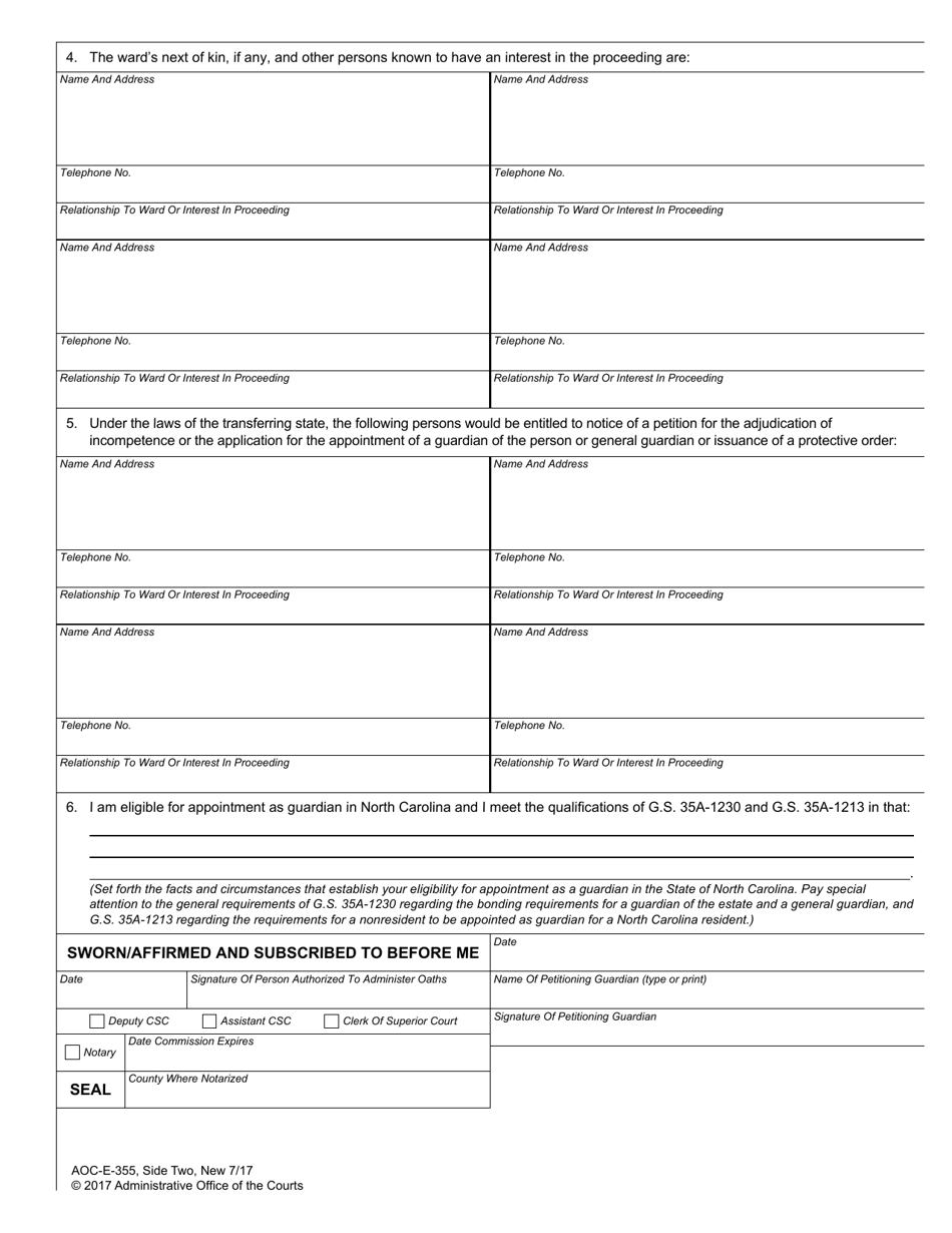 Form AOC-E-355 Petition to Accept Guardianship on Transfer From Another State - North Carolina, Page 2