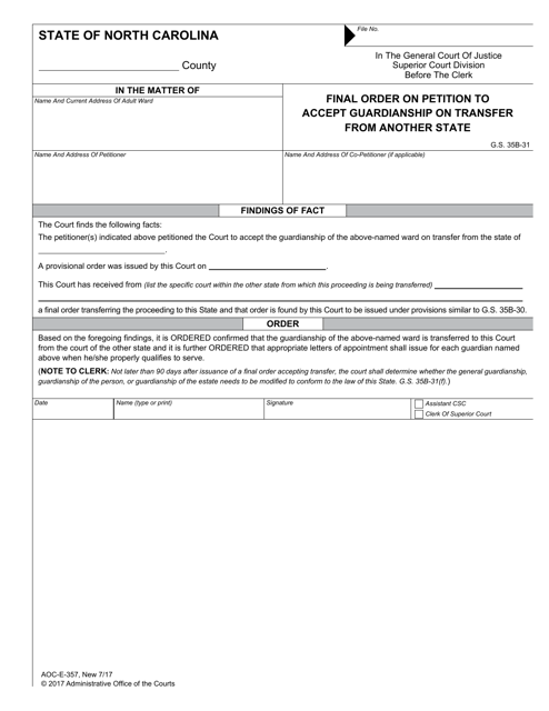 Form AOC-E-357 Final Order on Petition to Accept Guardianship on Transfer From Another State - North Carolina
